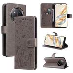 For Honor X9C 5G Global Cat Bee Embossing Pattern Shockproof Leather Case(Grey)