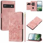 For Google Pixel 6a Tulips Embossed Leather Phone Case with Lanyard(Pink)