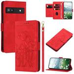 For Google Pixel 6a Tulips Embossed Leather Phone Case with Lanyard(Red)