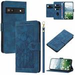 For Google Pixel 6a Tulips Embossed Leather Phone Case with Lanyard(Blue)