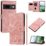 For Google Pixel 7 Tulips Embossed Leather Phone Case with Lanyard(Pink)