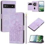 For Google Pixel 7a Tulips Embossed Leather Phone Case with Lanyard(Purple)