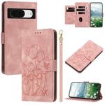 For Google Pixel 8 Tulips Embossed Leather Phone Case with Lanyard(Pink)