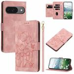 For Google Pixel 9 / 9 Pro Tulips Embossed Leather Phone Case with Lanyard(Pink)