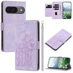 For Google Pixel 9 / 9 Pro Tulips Embossed Leather Phone Case with Lanyard(Purple)