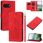 For Google Pixel 9a Tulips Embossed Leather Phone Case with Lanyard(Red)