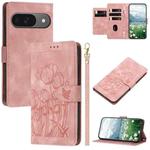 For Google Pixel 10 Tulips Embossed Leather Phone Case with Lanyard(Pink)