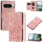 For Google Pixel 10 Pro XL Tulips Embossed Leather Phone Case with Lanyard(Pink)