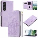 For Sony Xperia 1 VI Tulips Embossed Leather Phone Case with Lanyard(Purple)