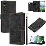 For Sony Xperia 1 VI Tulips Embossed Leather Phone Case with Lanyard(Black)