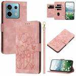 For Redmi Note 13 5G Tulips Embossed Leather Phone Case with Lanyard(Pink)