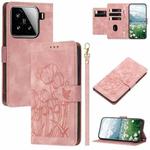 For Xiaomi 15 Tulips Embossed Leather Phone Case with Lanyard(Pink)