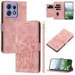 For Motorola Edge 50 Pro Tulips Embossed Leather Phone Case with Lanyard(Pink)