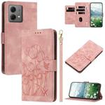 For Motorola Moto G84 Tulips Embossed Leather Phone Case with Lanyard(Pink)