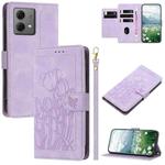 For Motorola Moto G84 Tulips Embossed Leather Phone Case with Lanyard(Purple)