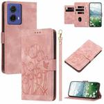 For Motorola Moto G85 Tulips Embossed Leather Phone Case with Lanyard(Pink)