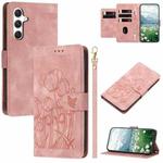 For Samsung Galaxy A24 4G Tulips Embossed Leather Phone Case with Lanyard(Pink)