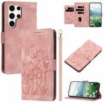 For Samsung Galaxy S25 Ultra 5G Tulips Embossed Leather Phone Case with Lanyard(Pink)