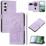 For Samsung Galaxy S24 FE 5G Tulips Embossed Leather Phone Case with Lanyard(Purple)