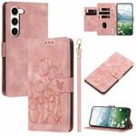 For Samsung Galaxy S23+ 5G Tulips Embossed Leather Phone Case with Lanyard(Pink)