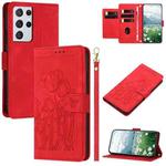 For Samsung Galaxy S21 Ultra 5G Tulips Embossed Leather Phone Case with Lanyard(Red)