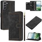 For Samsung Galaxy S21+ 5G Tulips Embossed Leather Phone Case with Lanyard(Black)