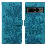 For Google Pixel 7 Lace Floral Embossed Magnetic Buckle PU Phone Case With Wrist Strap(Green)