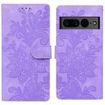 For Google Pixel 7 Lace Floral Embossed Magnetic Buckle PU Phone Case With Wrist Strap(Purple)