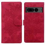 For Google Pixel 7 Lace Floral Embossed Magnetic Buckle PU Phone Case With Wrist Strap(Red)