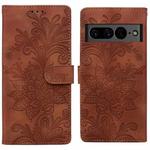 For Google Pixel 7 Lace Floral Embossed Magnetic Buckle PU Phone Case With Wrist Strap(Brown)