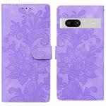 For Google Pixel 7A Lace Floral Embossed Magnetic Buckle PU Phone Case With Wrist Strap(Purple)