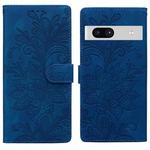 For Google Pixel 7A Lace Floral Embossed Magnetic Buckle PU Phone Case With Wrist Strap(Blue)