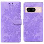 For Google Pixel 8 Lace Floral Embossed Magnetic Buckle PU Phone Case With Wrist Strap(Purple)