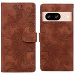 For Google Pixel 8 Lace Floral Embossed Magnetic Buckle PU Phone Case With Wrist Strap(Brown)