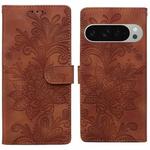 For Google Pixel 9 / 9 Pro Lace Floral Embossed Magnetic Buckle PU Phone Case With Wrist Strap(Brown)