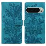 For Google Pixel 9 Pro XL Lace Floral Embossed Magnetic Buckle PU Phone Case With Wrist Strap(Green)