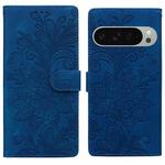 For Google Pixel 9 Pro XL Lace Floral Embossed Magnetic Buckle PU Phone Case With Wrist Strap(Blue)