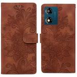 For Motorola Moto E13 Lace Floral Embossed Magnetic Buckle PU Phone Case With Wrist Strap(Brown)