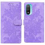 For Motorola Moto E20 Lace Floral Embossed Magnetic Buckle PU Phone Case With Wrist Strap(Purple)