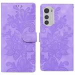 For Motorola Moto E32 4G / E32S Lace Floral Embossed Magnetic Buckle PU Phone Case With Wrist Strap(Purple)