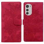 For Motorola Moto E32 4G / E32S Lace Floral Embossed Magnetic Buckle PU Phone Case With Wrist Strap(Red)