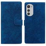 For Motorola Moto E32 4G / E32S Lace Floral Embossed Magnetic Buckle PU Phone Case With Wrist Strap(Blue)