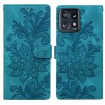 For Motorola Edge+ 2023 Lace Floral Embossed Magnetic Buckle PU Phone Case With Wrist Strap(Green)