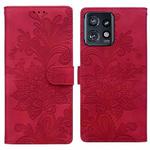 For Motorola Edge+ 2023 Lace Floral Embossed Magnetic Buckle PU Phone Case With Wrist Strap(Red)