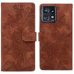 For Motorola Edge+ 2023 Lace Floral Embossed Magnetic Buckle PU Phone Case With Wrist Strap(Brown)