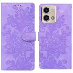 For Motorola Moto G 5G 2023 Lace Floral Embossed Magnetic Buckle PU Phone Case With Wrist Strap(Purple)