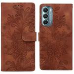 For Motorola Moto G Stylus 5G 2022 Lace Floral Embossed Magnetic Buckle PU Phone Case With Wrist Strap(Brown)