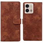 For Motorola Moto G Stylus 5G 2024 Lace Floral Embossed Magnetic Buckle PU Phone Case With Wrist Strap(Brown)