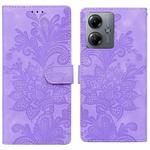 For Motorola Moto G14 Lace Floral Embossed Magnetic Buckle PU Phone Case With Wrist Strap(Purple)