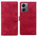 For Motorola Moto G14 Lace Floral Embossed Magnetic Buckle PU Phone Case With Wrist Strap(Red)